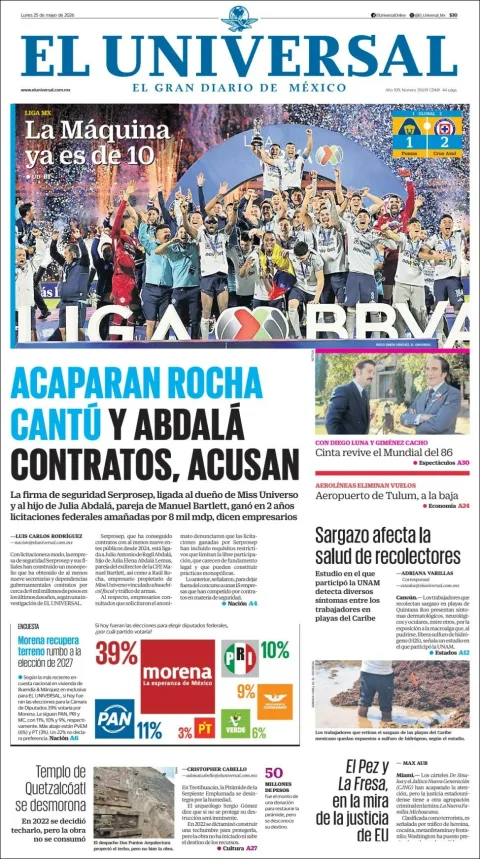 Portada de El Universal del lunes, 25 de mayo de 2026