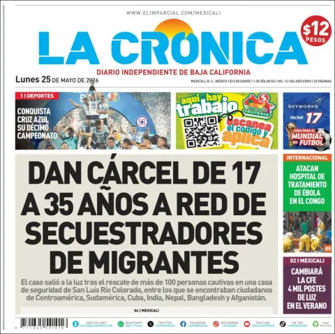 Portada de La Cronica del lunes, 25 de mayo de 2026