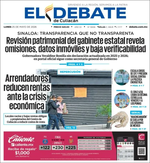 Portada de El Debate de Culiacan del lunes, 25 de mayo de 2026