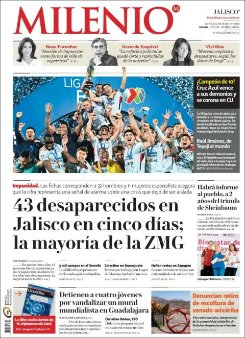 Portada de Milenio Jalisco del lunes, 25 de mayo de 2026