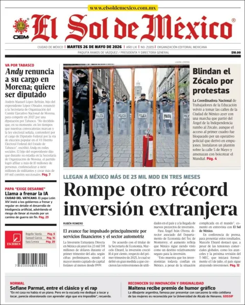 Portada de El Sol de Mexico del martes, 26 de mayo de 2026