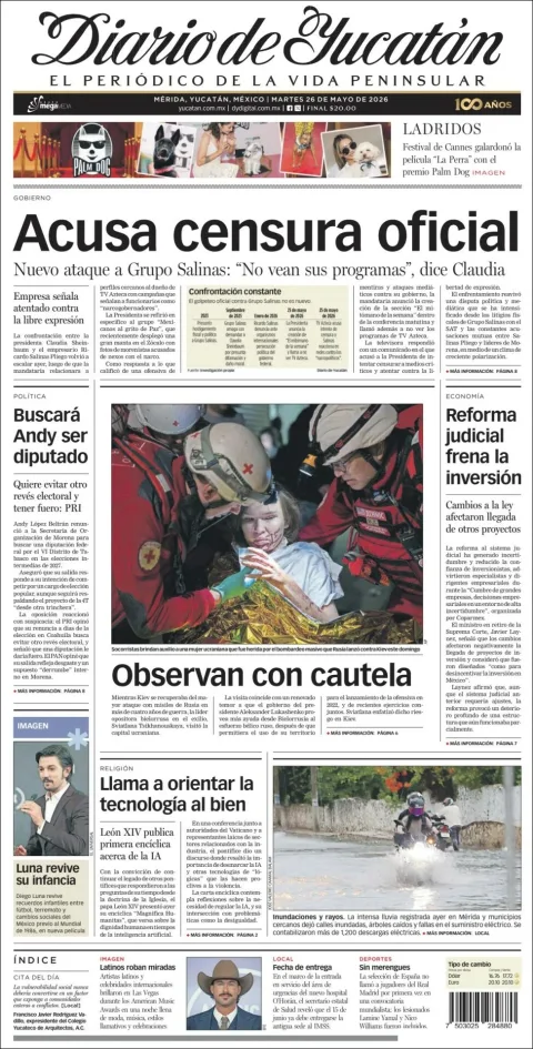 Portada de Diario de Yucatán del martes, 26 de mayo de 2026