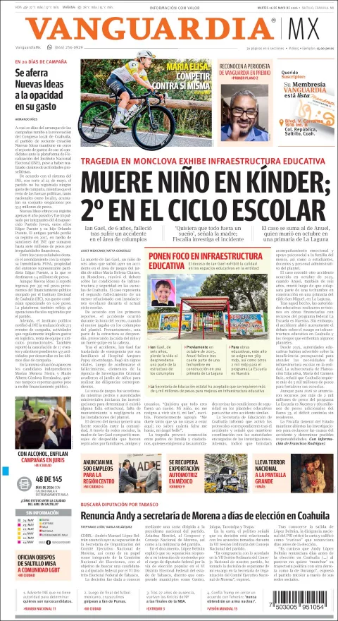 Portada de Vanguardia del martes, 26 de mayo de 2026