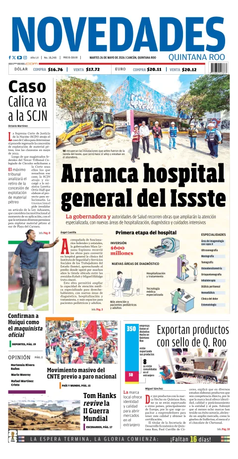 Portada de Novedades Quintana Roo del martes, 26 de mayo de 2026