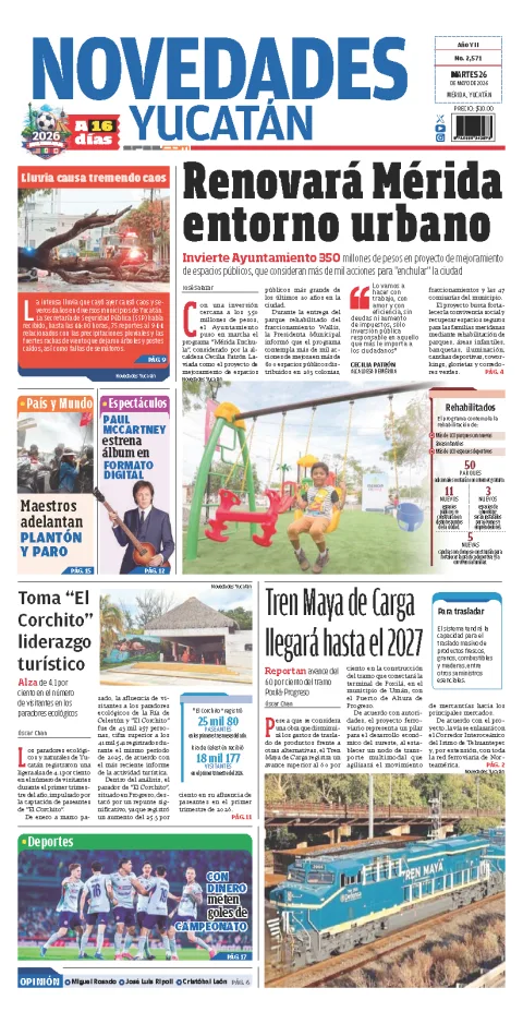 Portada de Novedades Yucatan del martes, 26 de mayo de 2026