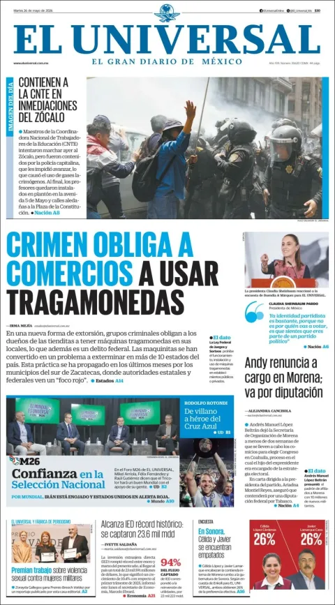 Portada de El Universal del martes, 26 de mayo de 2026
