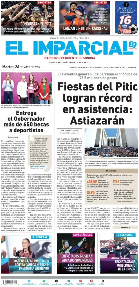 Portada de El Imparcial del martes, 26 de mayo de 2026
