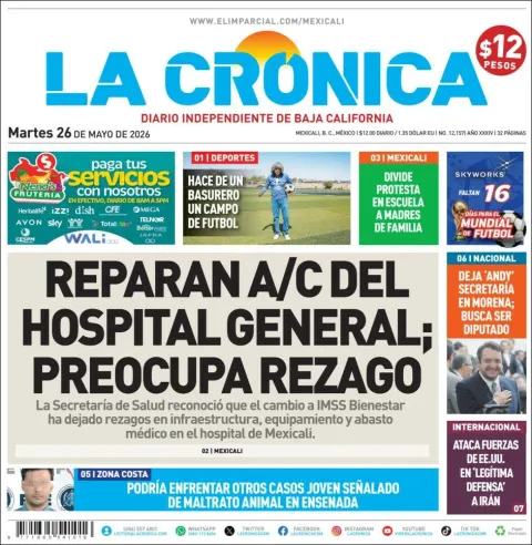 Portada de La Cronica del martes, 26 de mayo de 2026