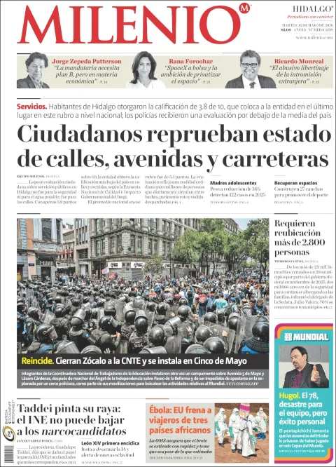 Portada de Milenio Hidalgo del martes, 26 de mayo de 2026