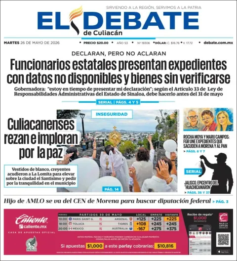 Portada de El Debate de Culiacan del martes, 26 de mayo de 2026