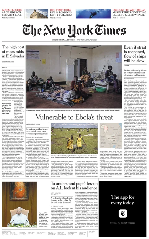 Portada de The New York Times (international) del miércoles, 27 de mayo de 2026