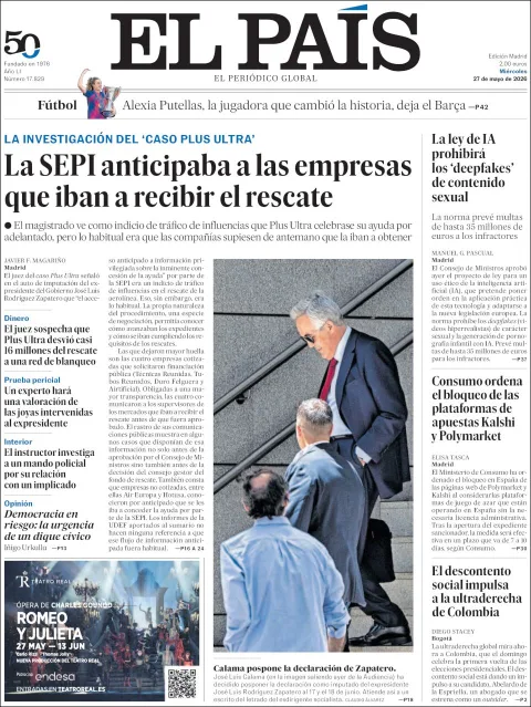 Portada de El Pais del miércoles, 27 de mayo de 2026