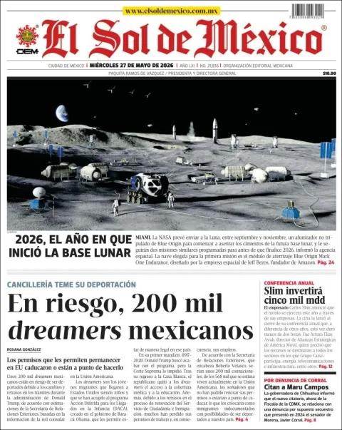 Portada de El Sol de Mexico del miércoles, 27 de mayo de 2026