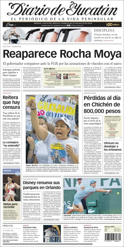 Portada de Diario de Yucatán del miércoles, 27 de mayo de 2026