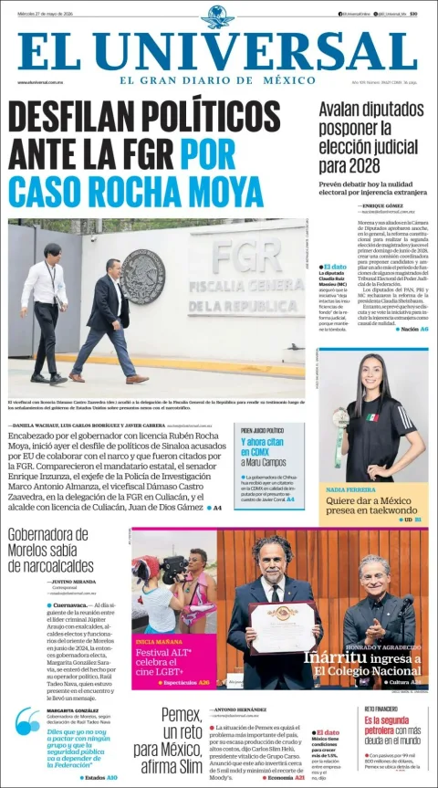 Portada de El Universal del miércoles, 27 de mayo de 2026