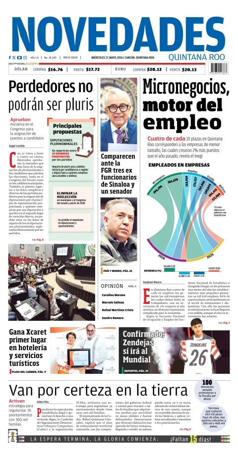 Portada de Novedades Quintana Roo del miércoles, 27 de mayo de 2026