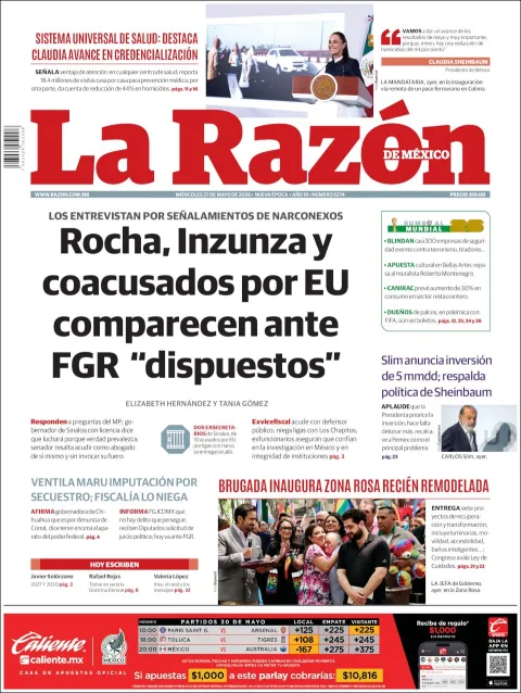 Portada de La Razon del miércoles, 27 de mayo de 2026