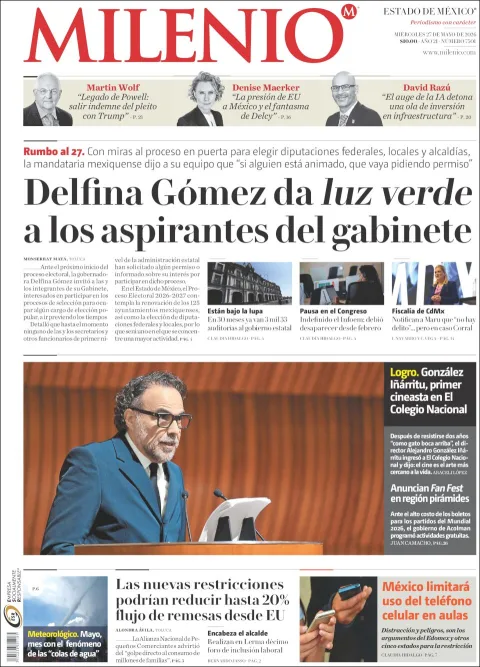 Portada de Milenio Edo de Mexico del miércoles, 27 de mayo de 2026