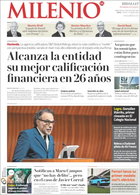 Portada de Milenio Hidalgo del miércoles, 27 de mayo de 2026