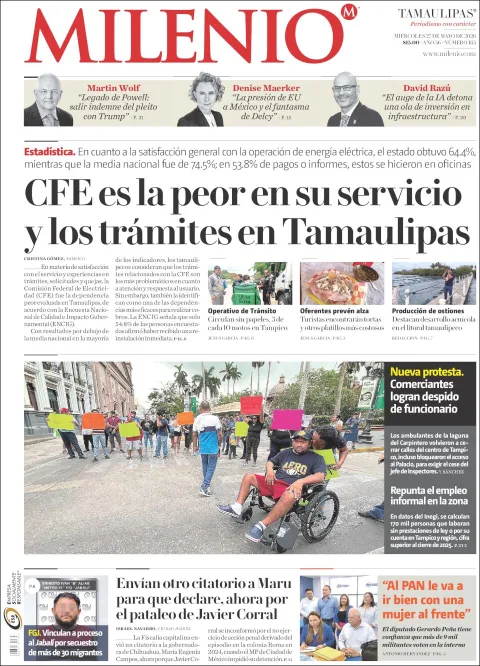 Portada de Milenio Tamaulipas del miércoles, 27 de mayo de 2026