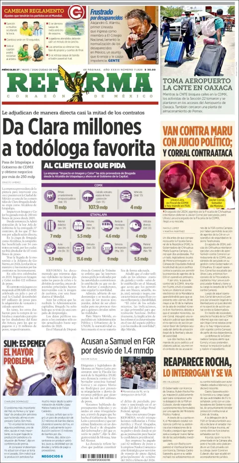 Portada de Reforma del miércoles, 27 de mayo de 2026