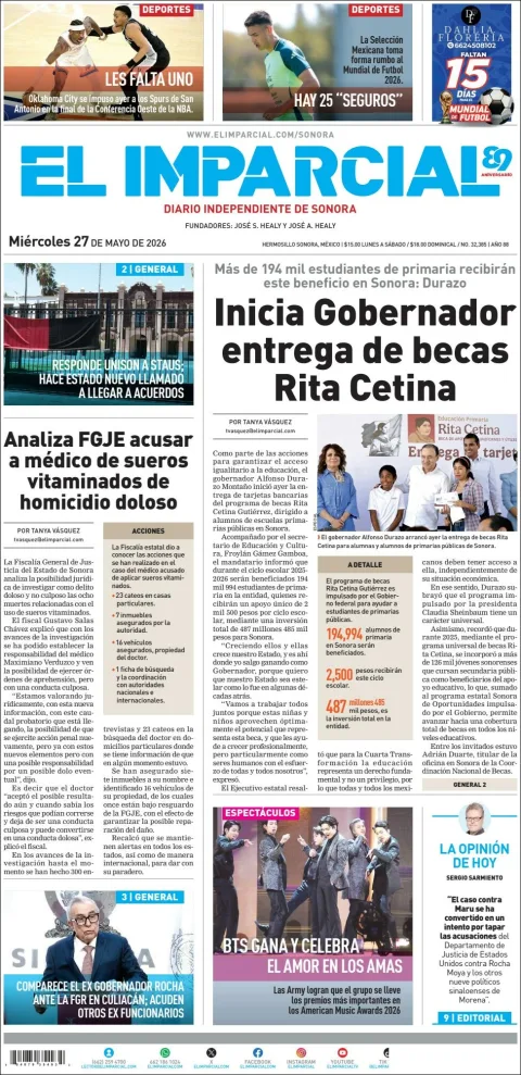 Portada de El Imparcial del miércoles, 27 de mayo de 2026