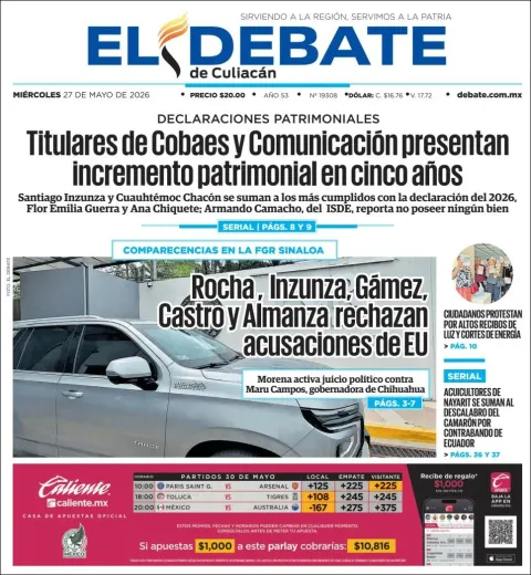 Portada de El Debate de Culiacan del miércoles, 27 de mayo de 2026