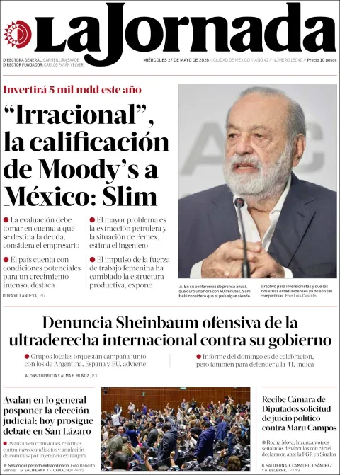 Portada de La Jornada del miércoles, 27 de mayo de 2026
