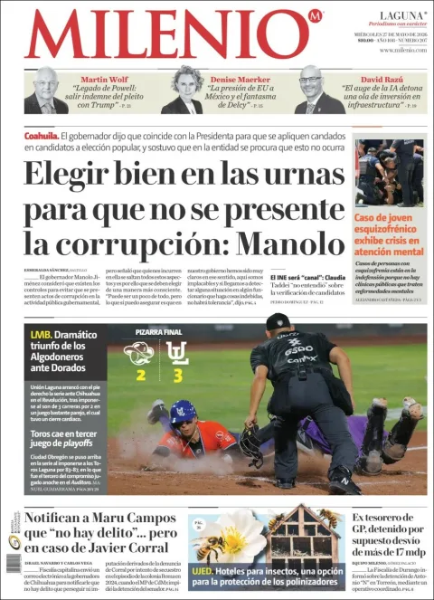 Portada de Milenio Laguna del miércoles, 27 de mayo de 2026