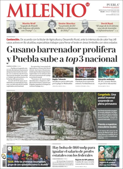 Portada de Milenio Puebla del miércoles, 27 de mayo de 2026