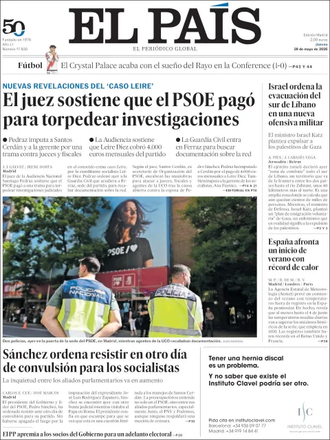 Portada de El Pais del jueves, 28 de mayo de 2026