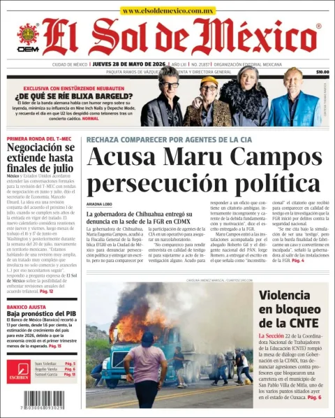 Portada de El Sol de Mexico del jueves, 28 de mayo de 2026