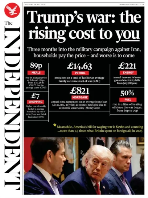 Portada de The Independent del jueves, 28 de mayo de 2026