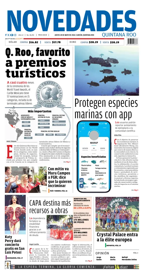 Portada de Novedades Quintana Roo del jueves, 28 de mayo de 2026