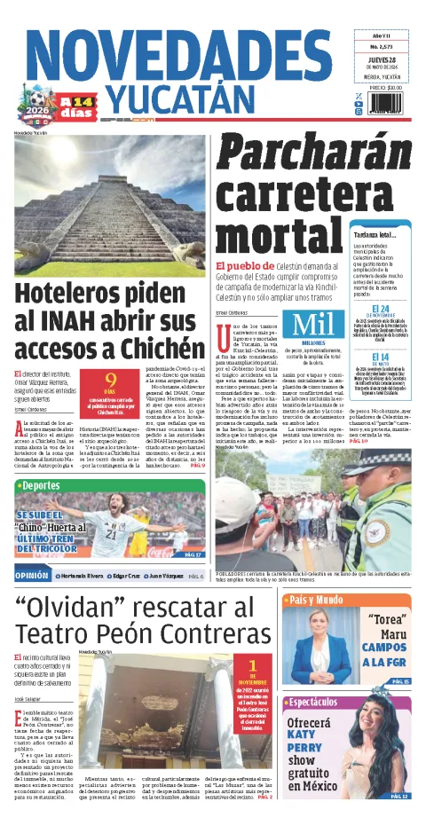 Portada de Novedades Yucatan del jueves, 28 de mayo de 2026