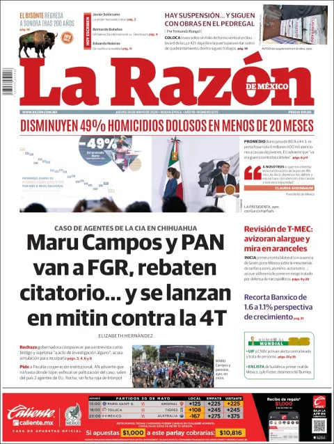 Portada de La Razon del jueves, 28 de mayo de 2026