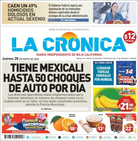 Portada de La Cronica del jueves, 28 de mayo de 2026