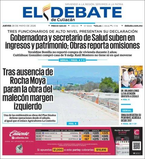 Portada de El Debate de Culiacan del jueves, 28 de mayo de 2026