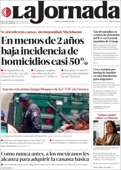 Portada de La Jornada del jueves, 28 de mayo de 2026