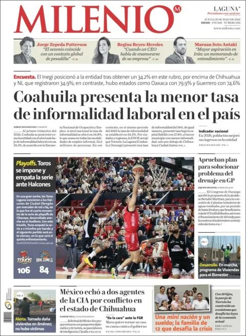 Portada de Milenio Laguna del jueves, 28 de mayo de 2026