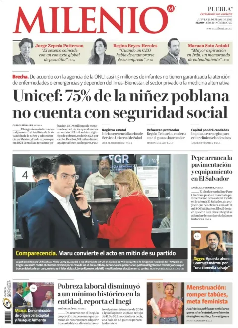 Portada de Milenio Puebla del jueves, 28 de mayo de 2026