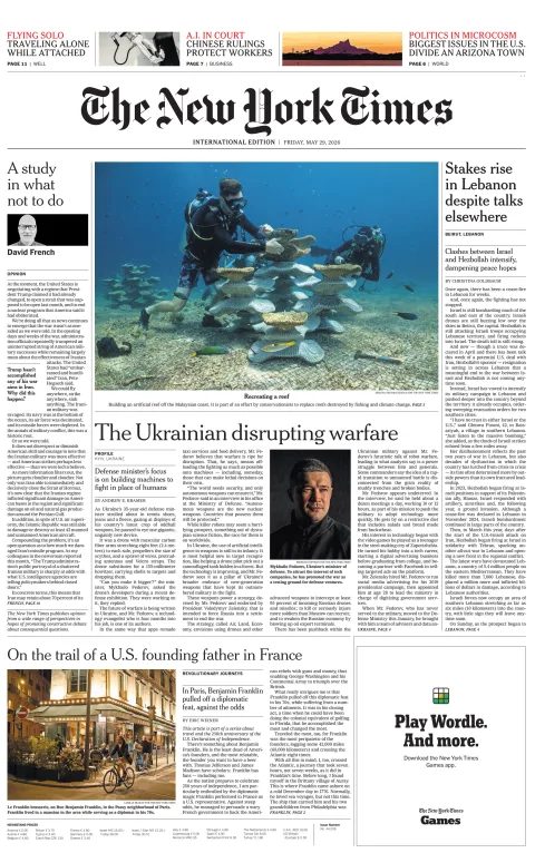 Portada de The New York Times (international) del viernes, 29 de mayo de 2026