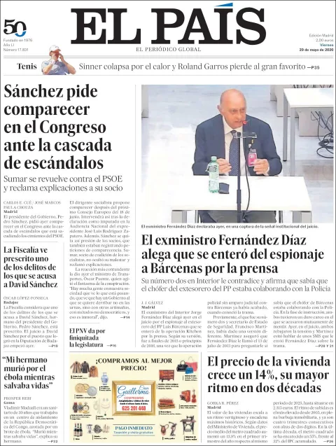 Portada de El Pais del viernes, 29 de mayo de 2026