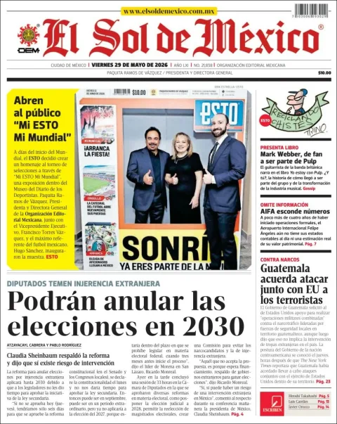 Portada de El Sol de Mexico del viernes, 29 de mayo de 2026