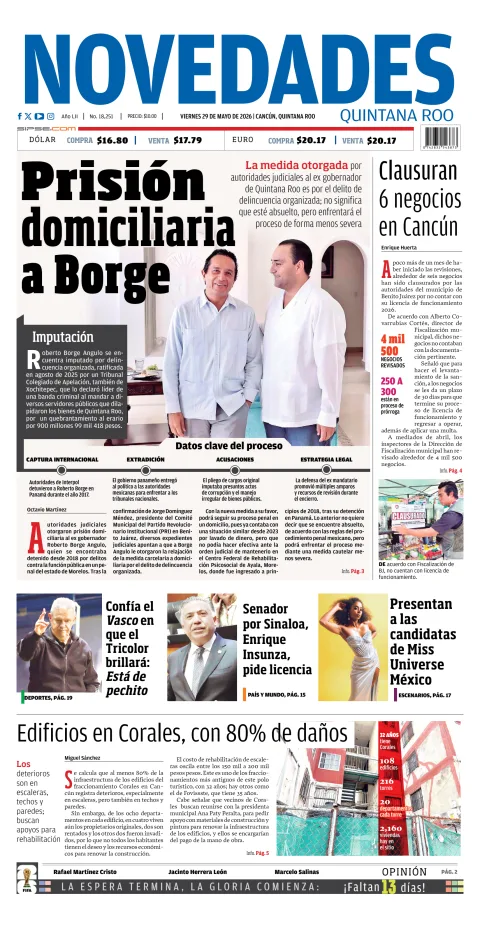 Portada de Novedades Quintana Roo del viernes, 29 de mayo de 2026