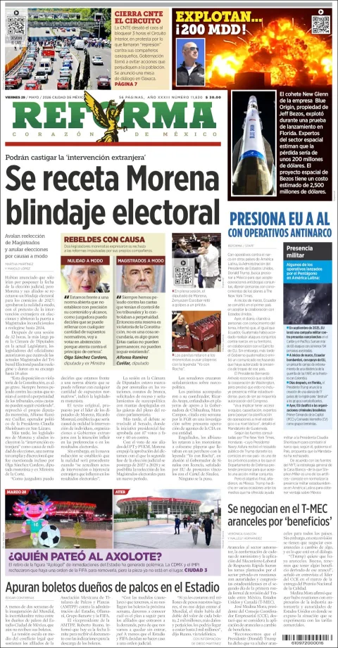 Portada de Reforma del viernes, 29 de mayo de 2026