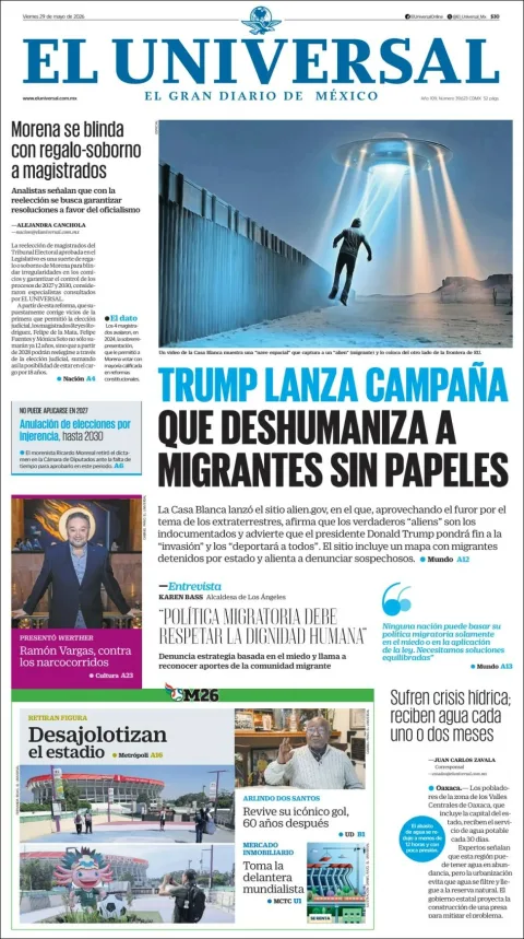Portada de El Universal del viernes, 29 de mayo de 2026