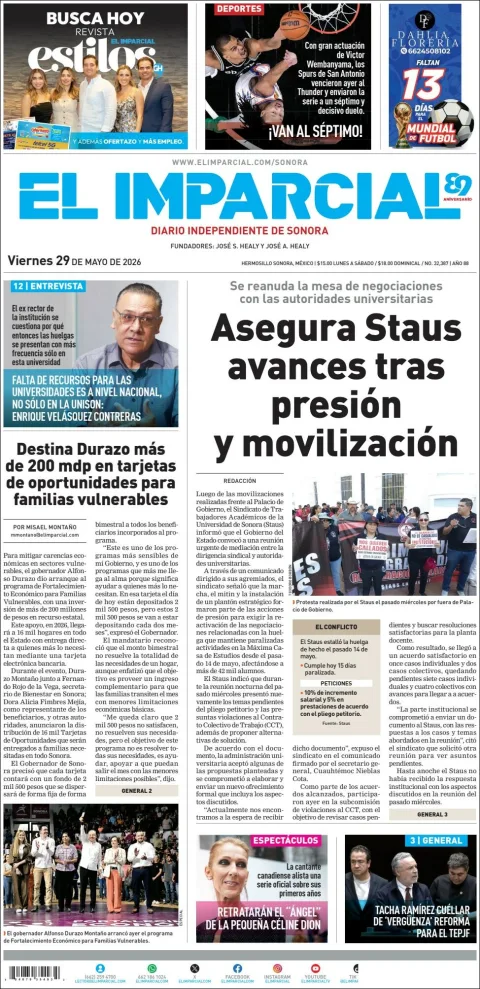 Portada de El Imparcial del viernes, 29 de mayo de 2026