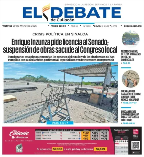 Portada de El Debate de Culiacan del viernes, 29 de mayo de 2026