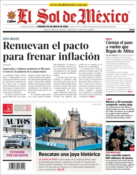 Portada de El Sol de Mexico del sábado, 30 de mayo de 2026